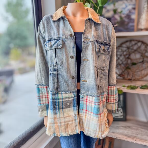 Free People Sirius Cotton Plaid-Contrast Mixed Denim Oversized Jacket, M/L - Picture 1 of 9